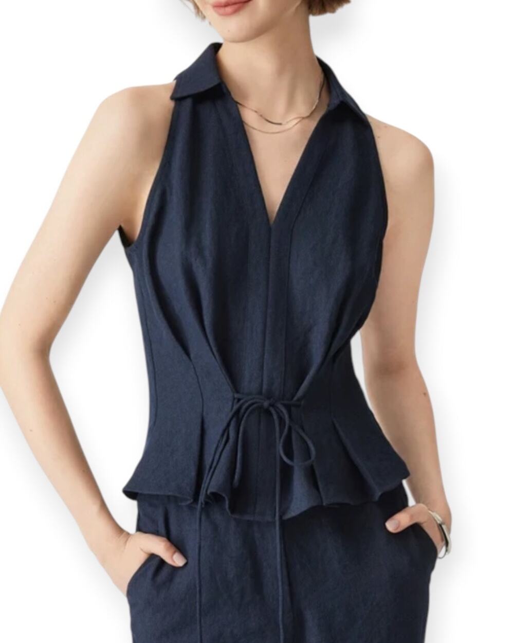 NWT OGL Collared V-neck Pleated Sleeveless Top with Drawstring Small Denim Navy